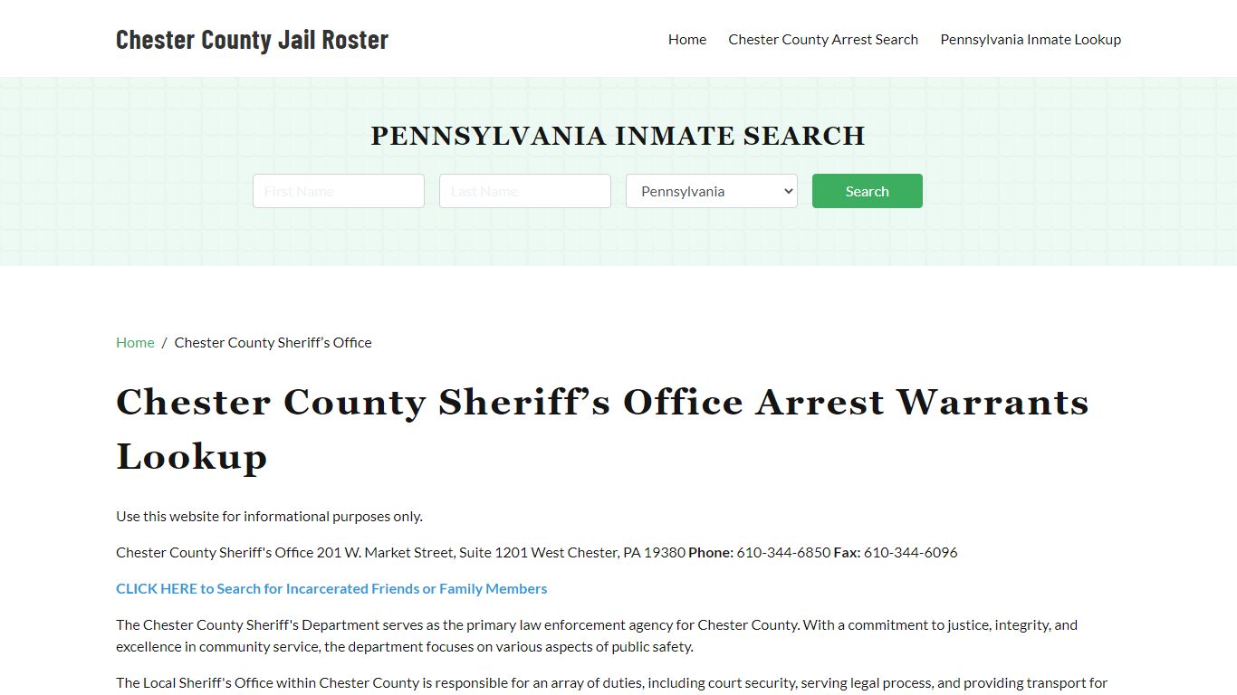 Chester County Sheriff Office, PA, Arrest Warrants Search